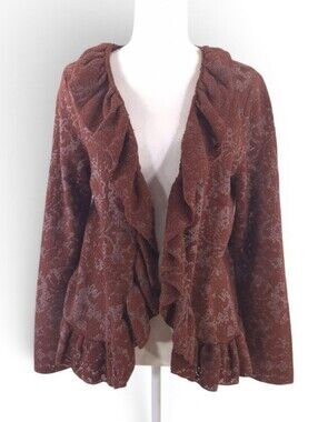 Chico's Burnout Cardigan Sweater Rich Mahogany Knit Ruffle Open Front - Sz 1 M/8